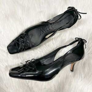 J. Crew Black Leona Patent Leather Square Toe Slingback Heels Bow Detail 7.5
